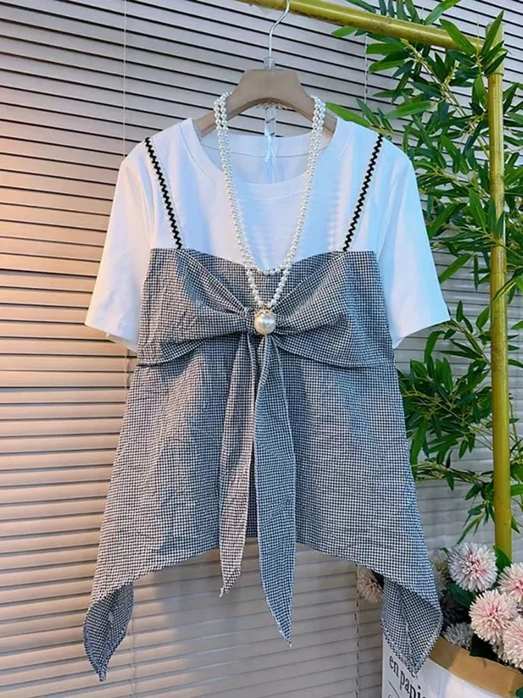 2025夏季新款欧货蝴蝶结拼接假两件T恤上衣大码胖mm时尚减龄小衫