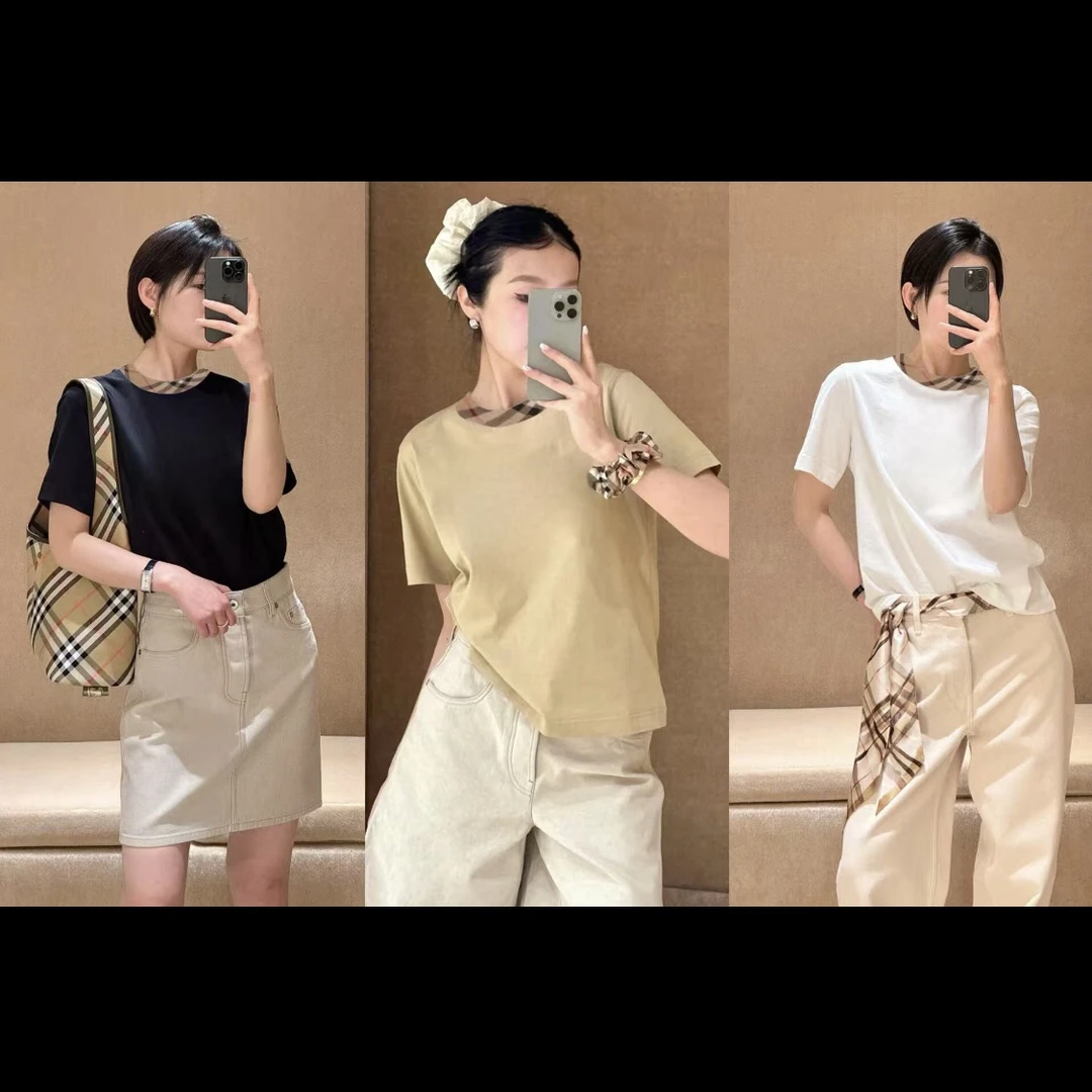 男女同款休闲百搭拼接格子圆领上衣