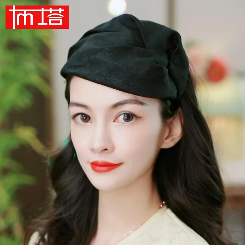 布塔新中式女士半帽遮白发真丝桑蚕丝洋气宽边发箍礼帽