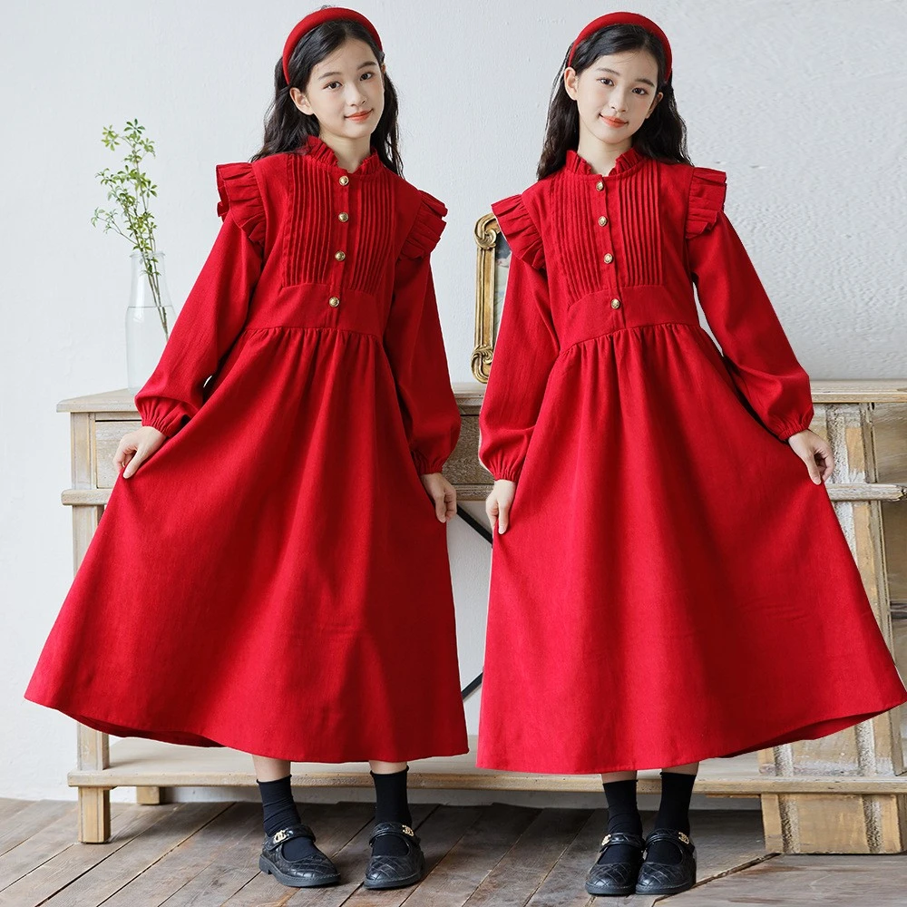 女童连衣裙2025秋冬季新款洋气中大儿童年服加绒灯芯绒小公主裙子