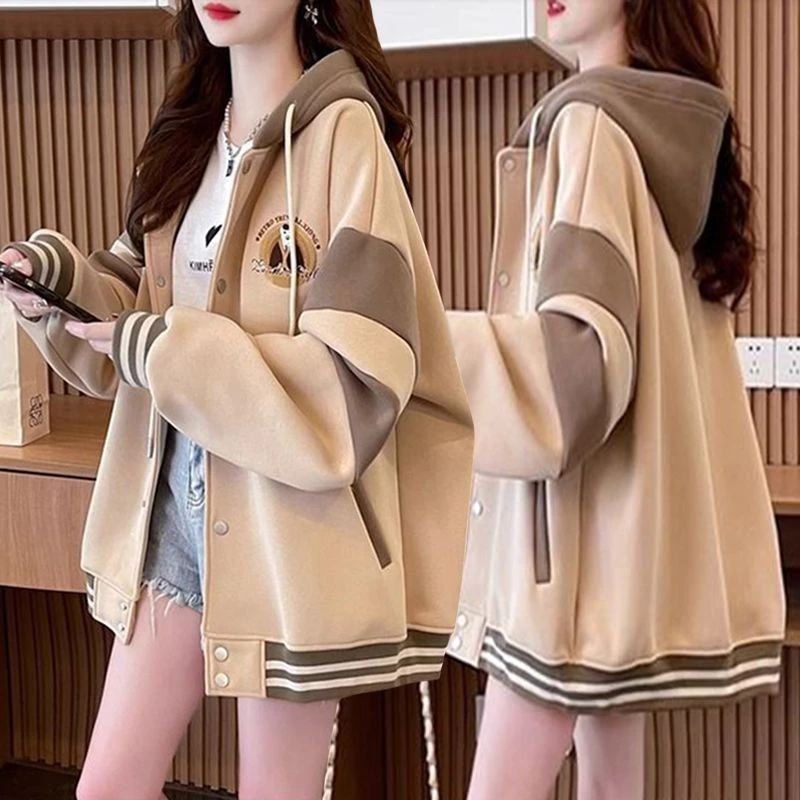 休闲宽松纯棉连帽开衫外套女春秋季新款外穿百搭大码卫衣薄款上衣