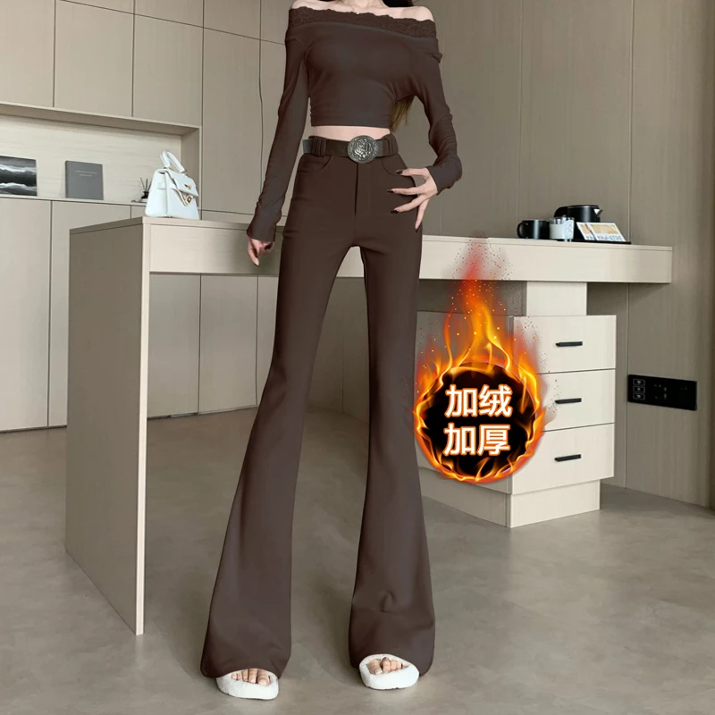 韩系时尚加绒休闲微喇裤女2025秋冬新款高腰修身显瘦显高拖地长裤
