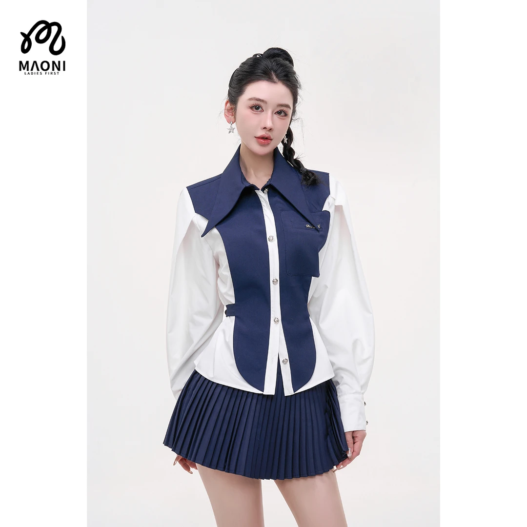 毛妮LADIESFIRST【极简腔调】学院撞色拼接长袖衬衫女早秋L2265