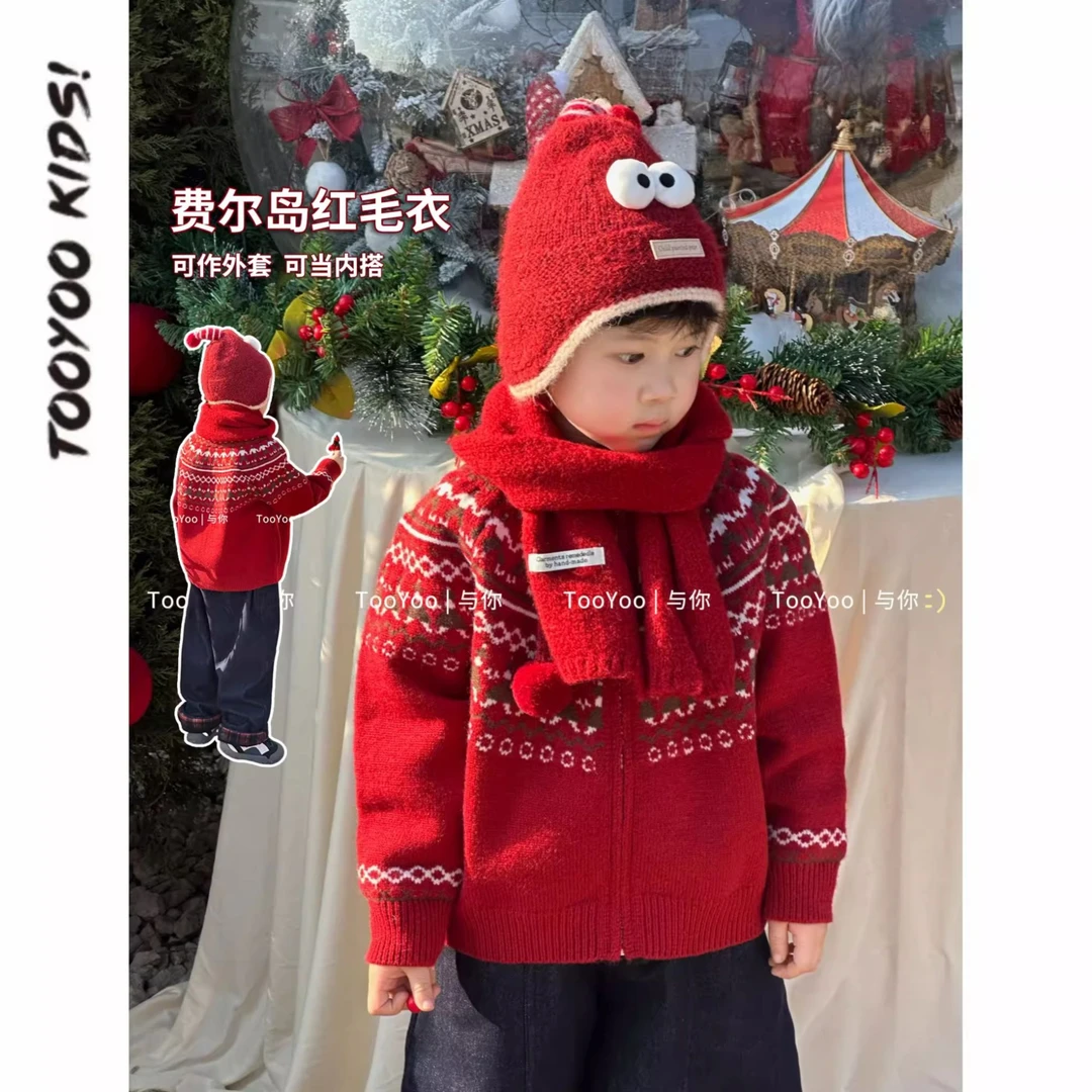 费尔岛男童新年圣诞毛衣秋冬款2025新款冬季儿童加厚红色针织衫