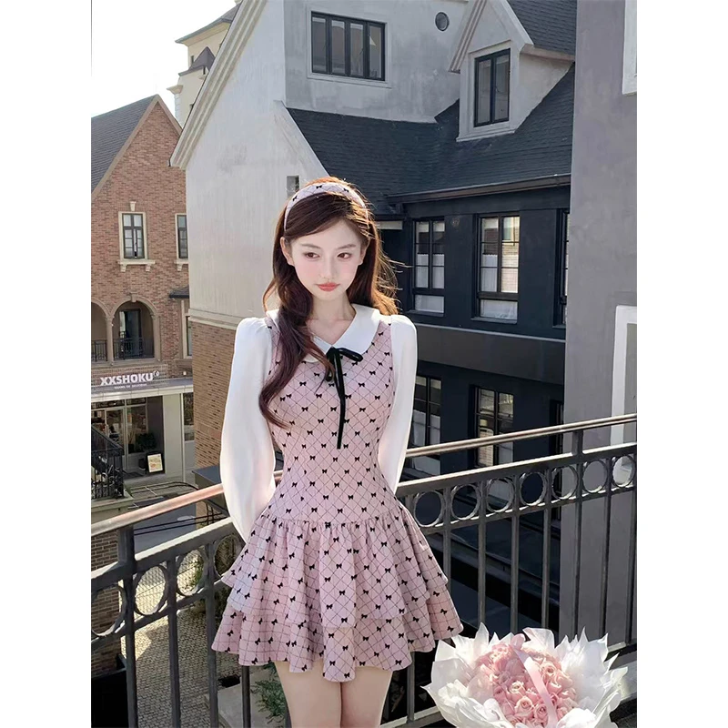 【芭蕾少女的礼物】2025秋季新款甜美千金粉色拼接蛋糕伞摆连衣裙女