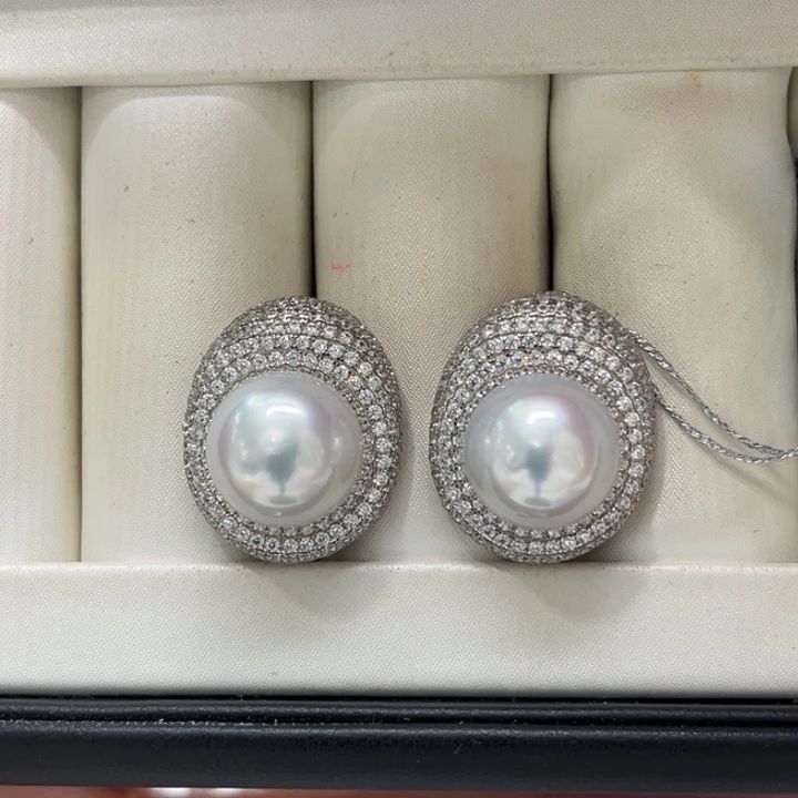银S925镶嵌耳饰海水珍珠12-13mm 48号