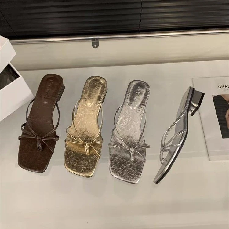 粉色蝴蝶结一字凉拖鞋女2025夏季网红新款高跟鞋百搭气质女凉拖鞋