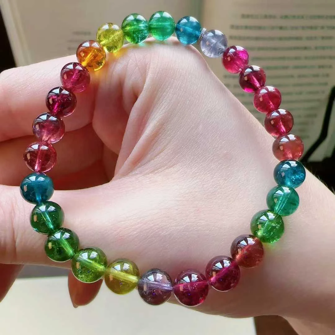 天然真品彩虹碧玺手串单圈7.2mm15.3g正品荧光碧玺手链女招财旺夫