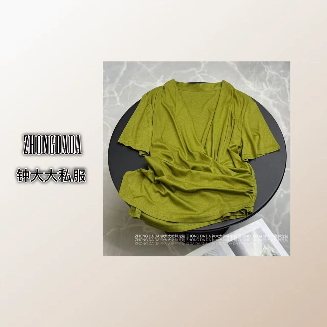 ZHONG大大【】设计感交叉V领收腰显瘦短袖T恤气质百搭上衣853*