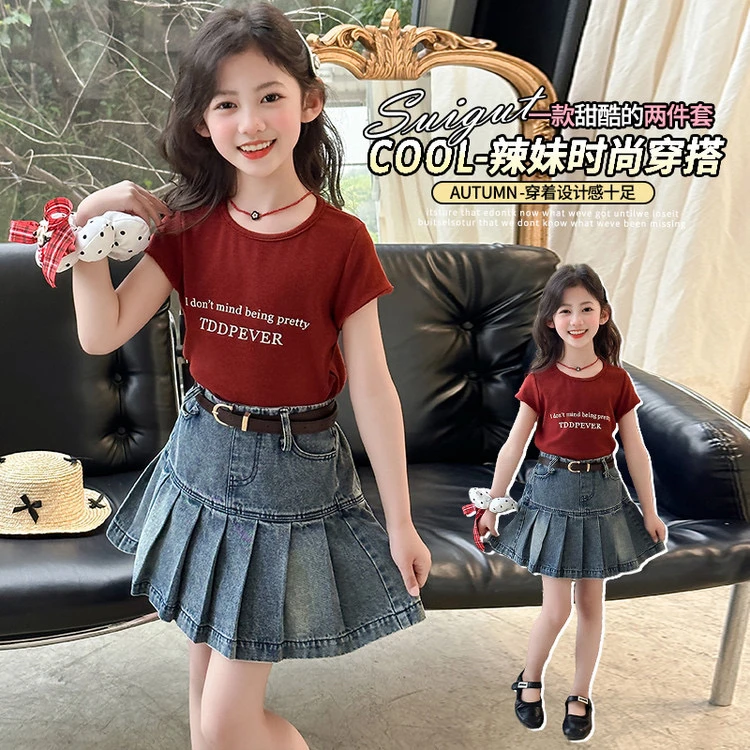 女童套装夏季新款时尚洋气牛仔百褶裙套装（价格已开）