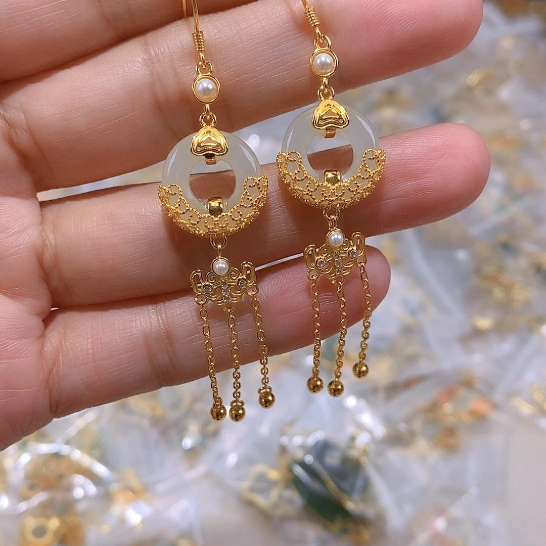 和田玉银S925镀金镶嵌耳饰