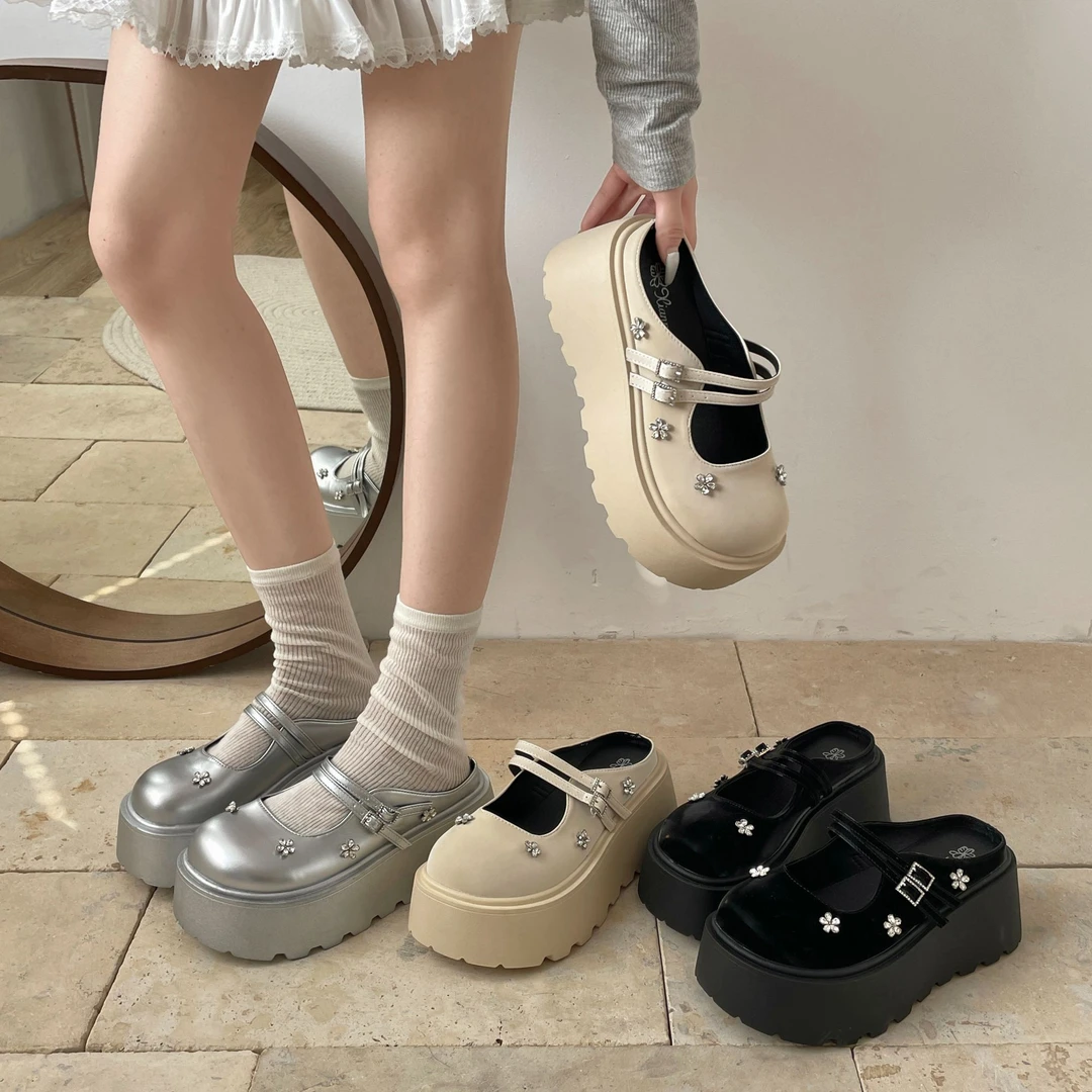 厚底玛丽珍鞋女鞋2025年春秋新款小个子双绑带水钻漆皮增高半拖鞋