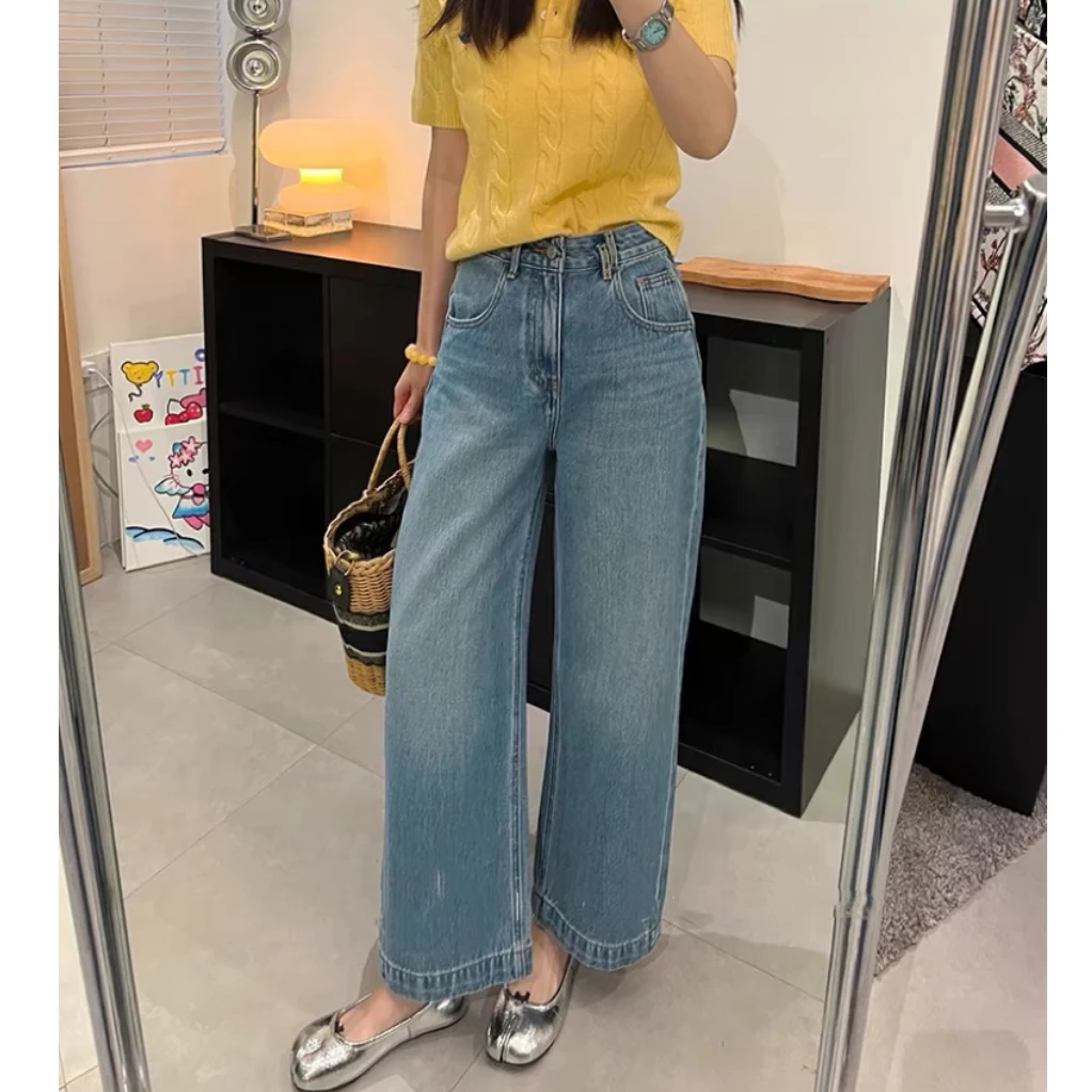 高腰直筒牛仔裤女2025春夏新款阔腿裤浅蓝色高腰宽松九分弯刀裤