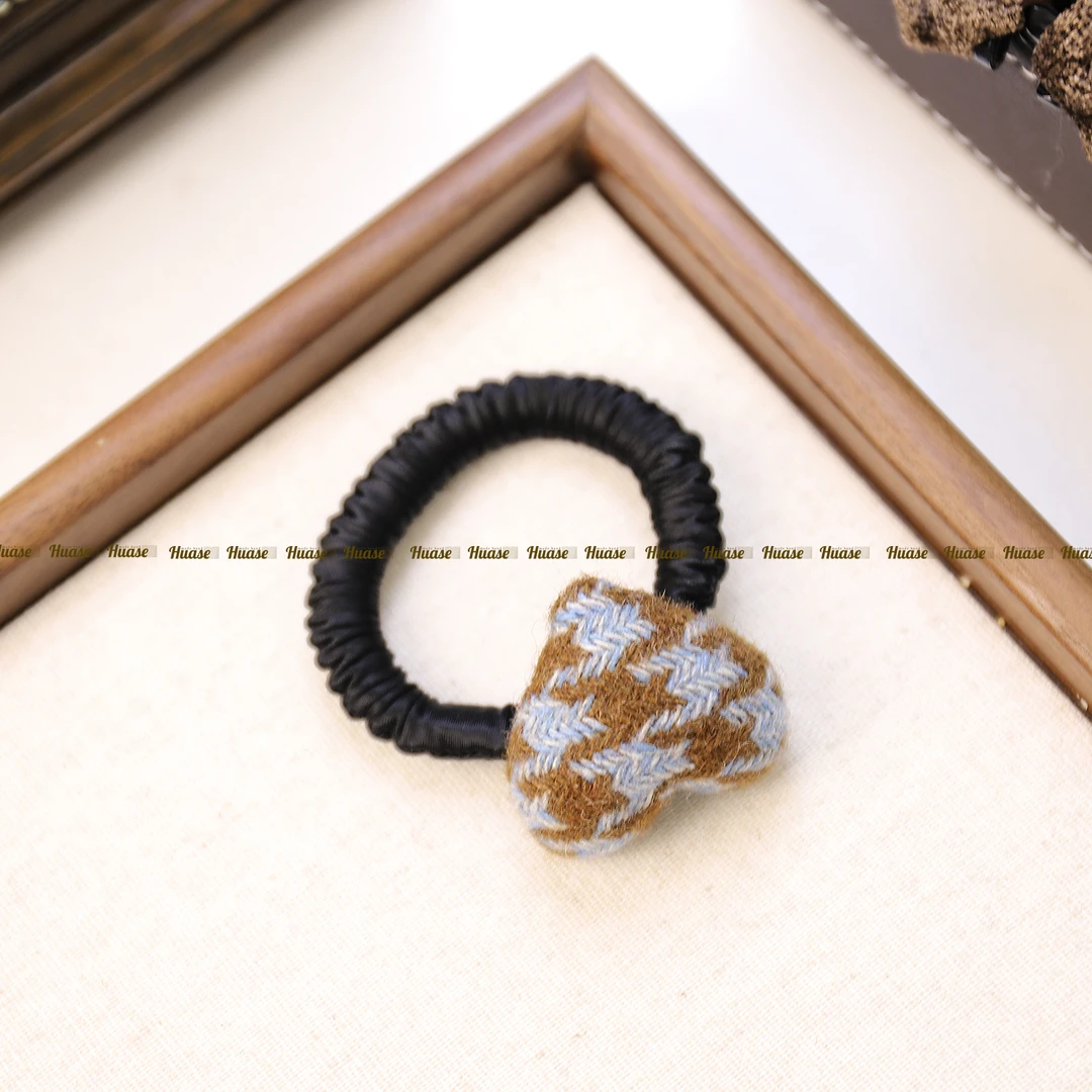 【单个装】韩新款秋冬毛呢千鸟格爱心法式洋气少女马尾发绳丸子扎发