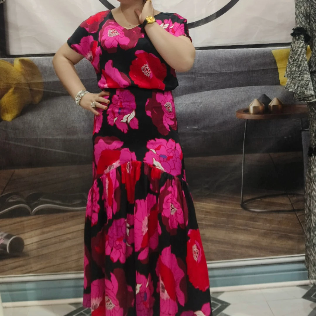 kopta yopka 红色碎花长裙夏季轻熟风印花短袖时尚套装裙子时尚