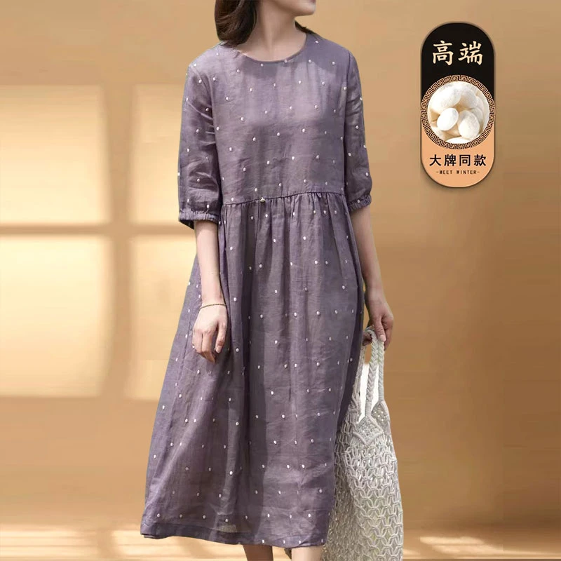 夏季时尚新款轻盈高端苎麻印花圆领大摆文艺气质连衣裙宽松文艺女
