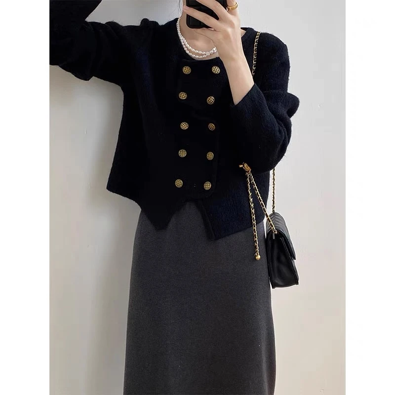 双排扣开衫外套3605超柔软高品质圆领针织毛衣