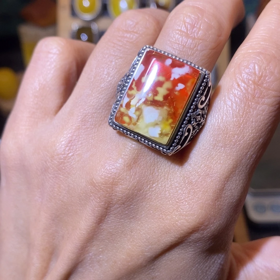 马***超银S925镶嵌蜜蜡戒指