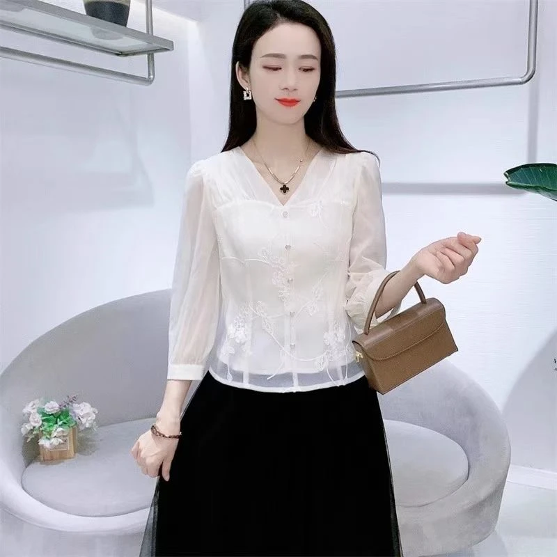 时尚七分袖t恤女洋气小衫2025春秋新款小个子显瘦上衣百搭打底衫