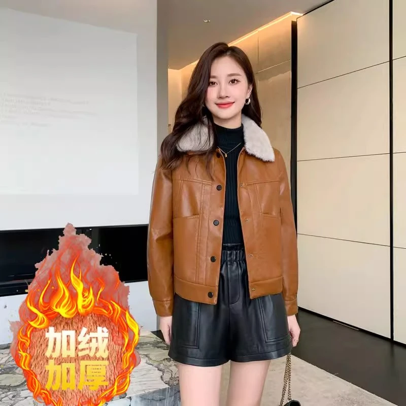 女士皮衣外套加绒加厚保暖防寒可拆卸大毛领皮夹克6006-1