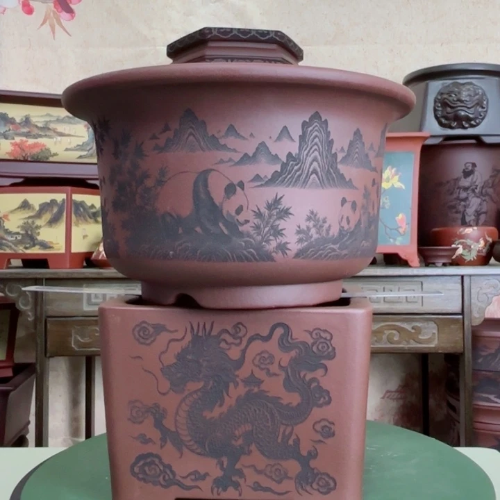 紫砂花盆圆口熊猫，四方四大神兽