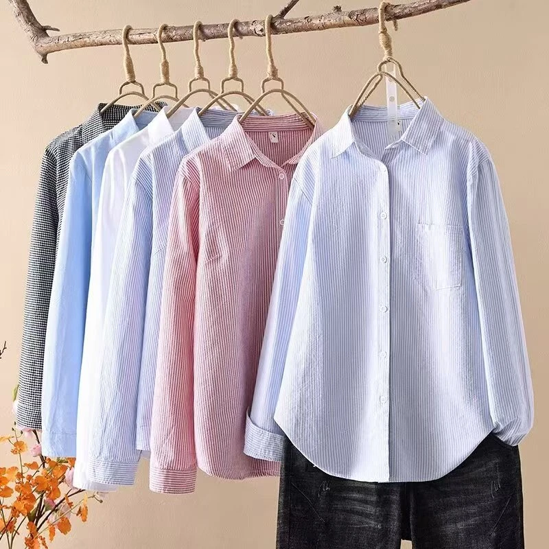 高级感全棉显瘦苗条收腰条纹纯色纯棉气质减龄长袖纯棉衬衫女内搭