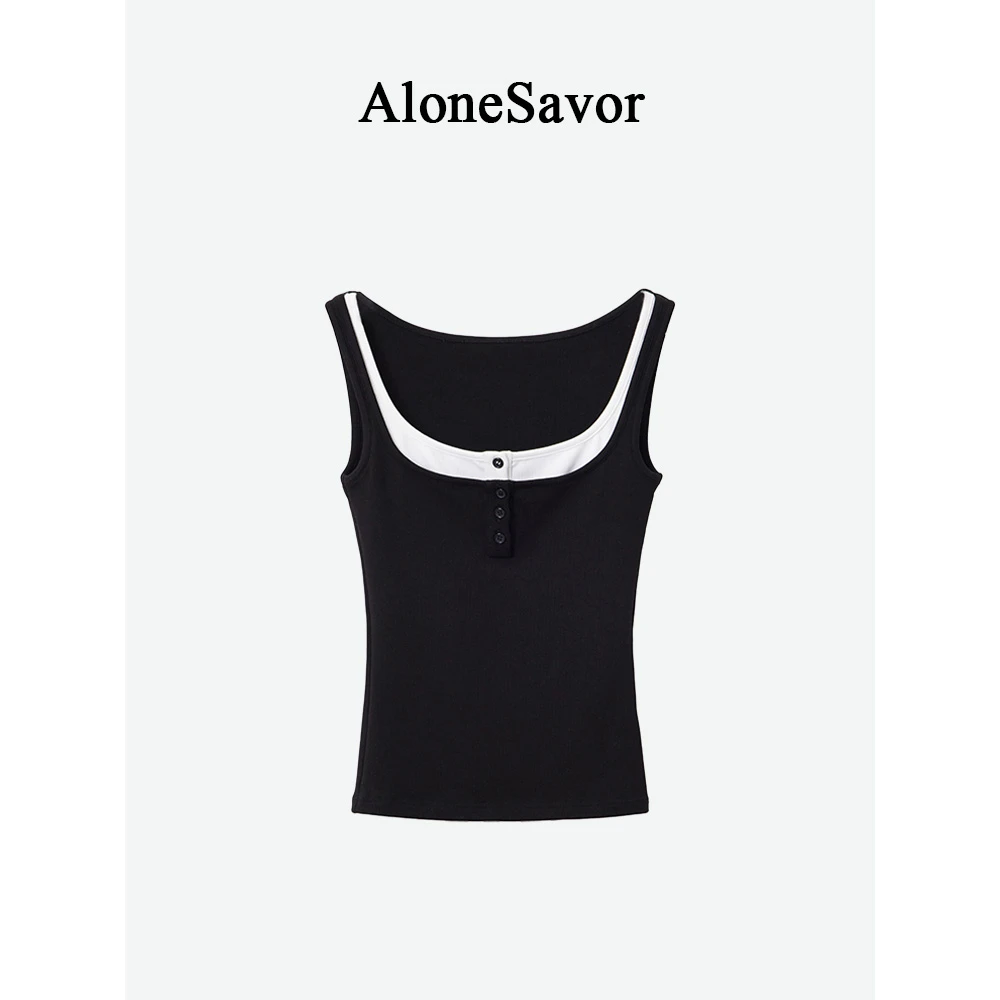 【ALONE SAVOR】夏季百搭打底无袖背心拼接假两件设计感上衣P296