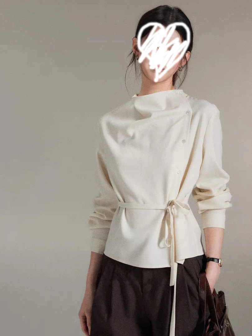 秋季新款简约不对称荡领斜门襟绑带收腰上衣女高级感衬衫