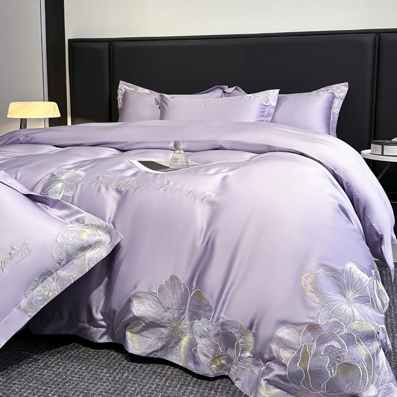 水星奢华高档全棉四件套高级感简约刺绣被套纯棉床单床笠床上用品