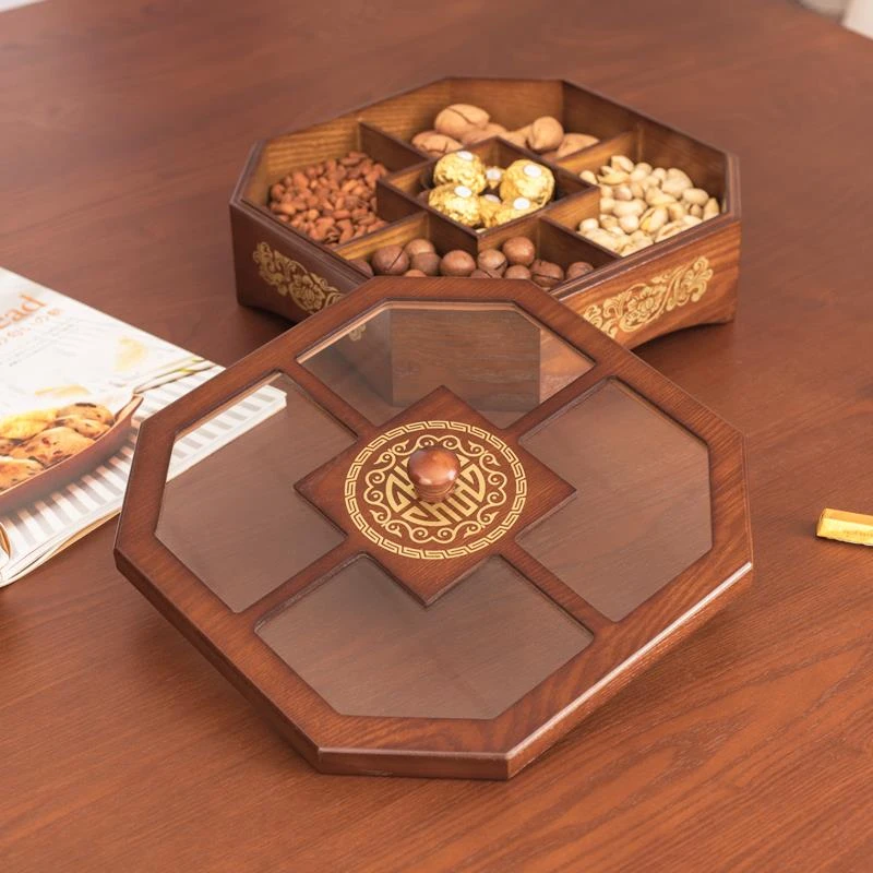 实木五格家用瓜子零食坚果盒子结婚客厅茶几创意带盖玻璃干果盒子