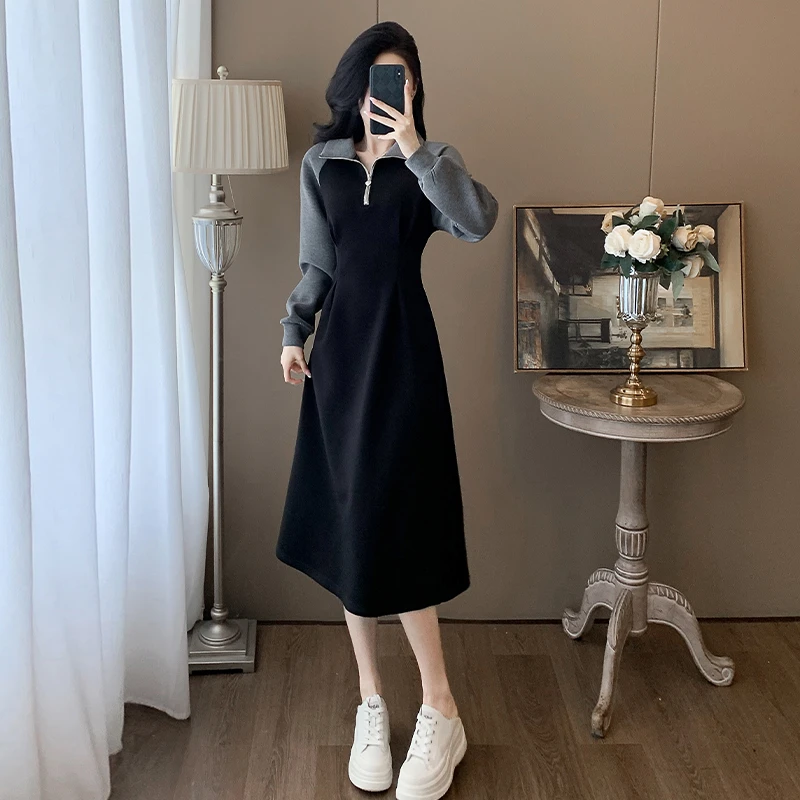 韩版设计感连衣裙女秋时尚气质高级感收腰显瘦撞色拼接长款卫衣裙