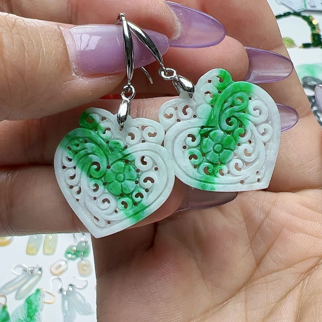 翡翠银S925镶嵌耳饰罗*天然缅甸A货翡翠