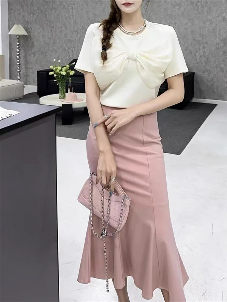 【88330】米#设计感蝴蝶结圆领修身上衣