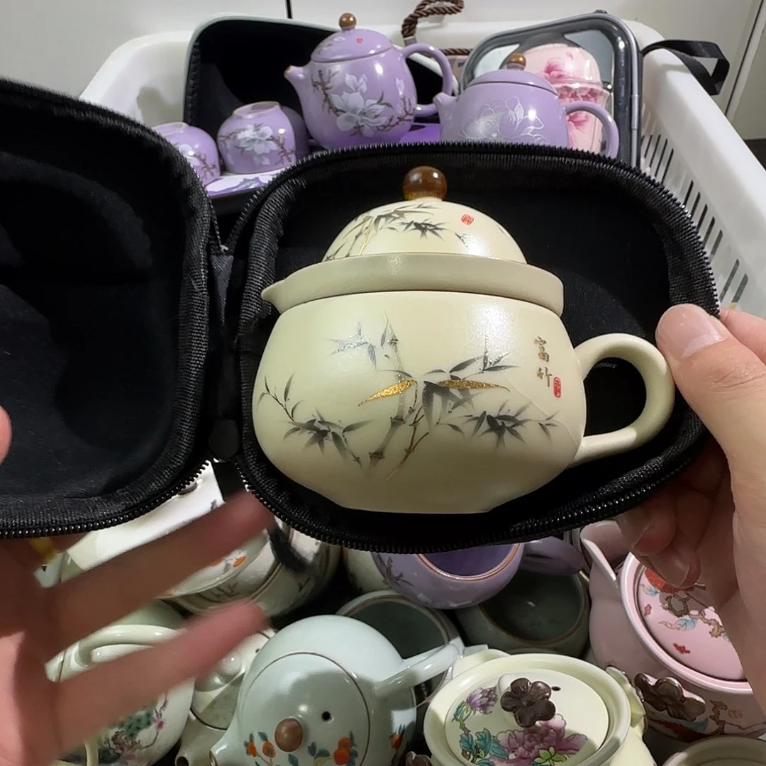 瓷片米黄汝窑富竹咖啡杯套装