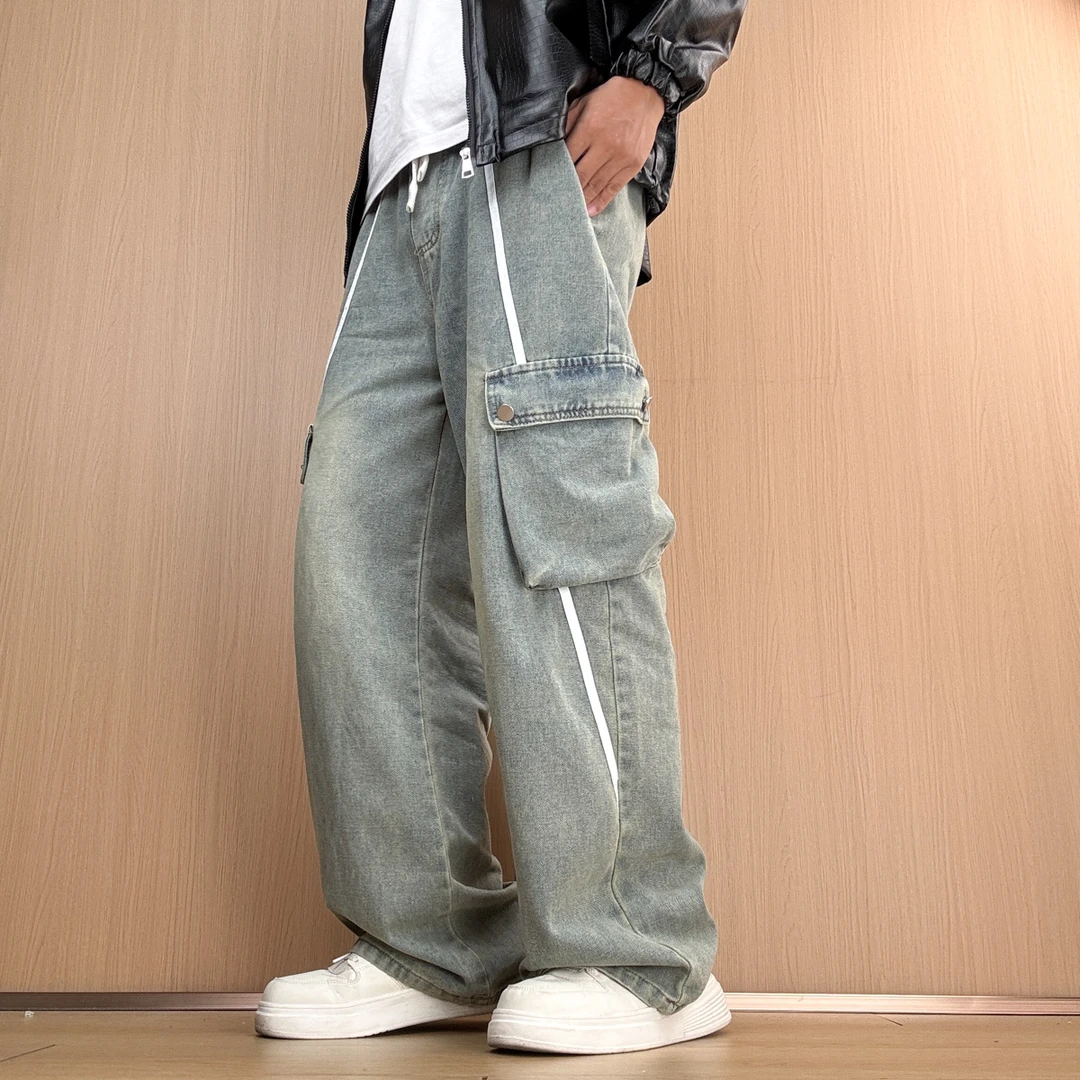 水洗阔腿裤男生牛仔裤美式高街潮流时尚秋季宽松潮流机能风直筒裤