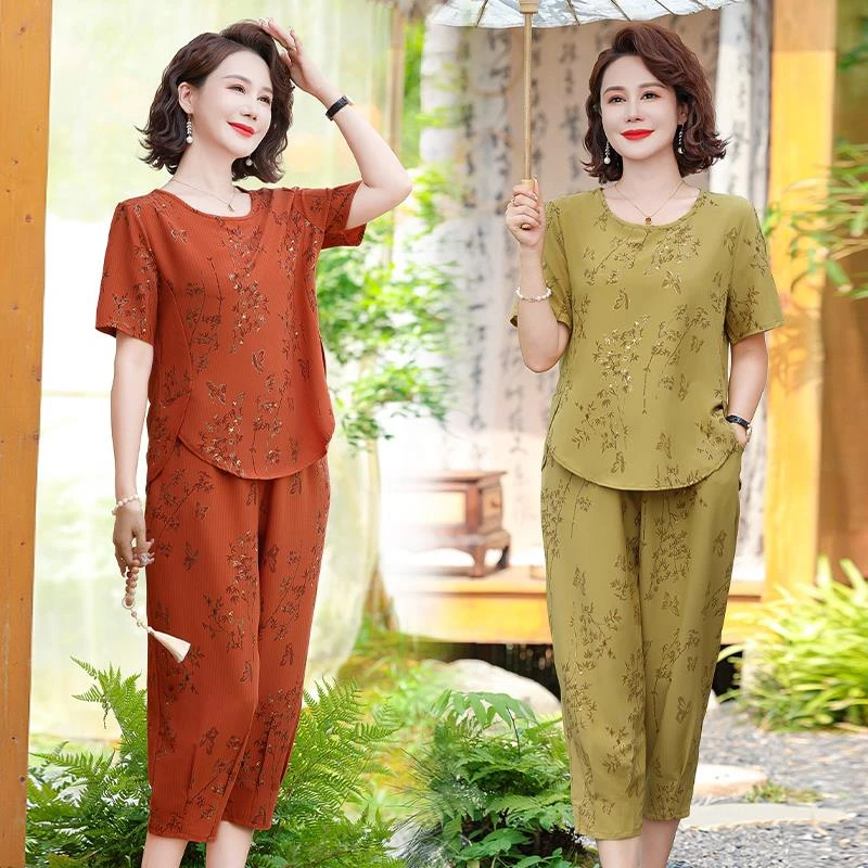 雅鹿优选中老年妈妈装夏季新款短袖印花套装女时尚宽松显瘦大码薄