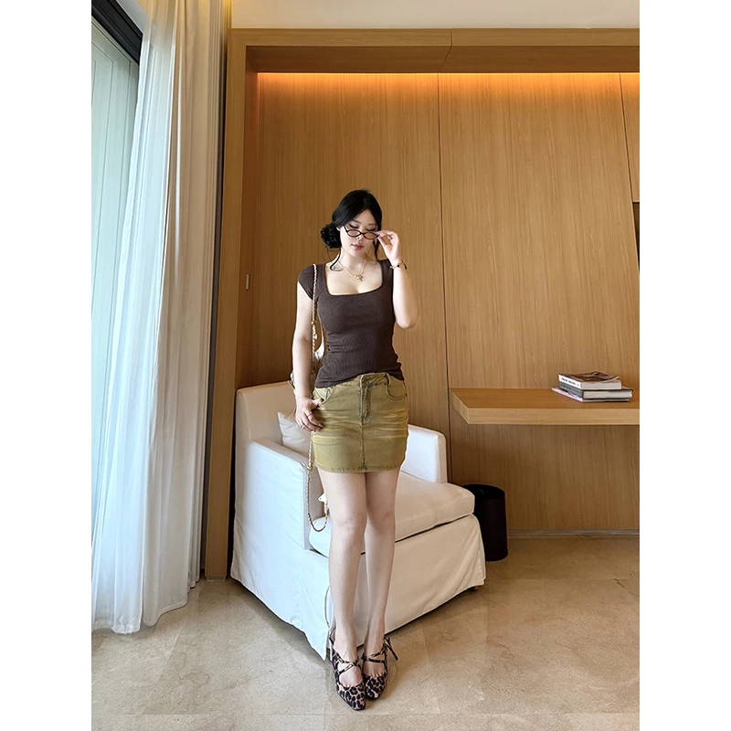 黑泽玄七"暮色信封"夏季显瘦复古做旧美式设计感紧身包臀牛仔半裙