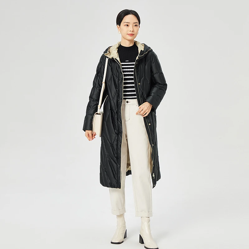 娜尔思直筒连帽黑色羽绒服女24冬季新保暖外套NR00642W0