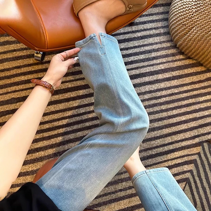 大码浅色九分窄版直筒牛仔裤女2025新款高腰显瘦弹力小个子烟管裤