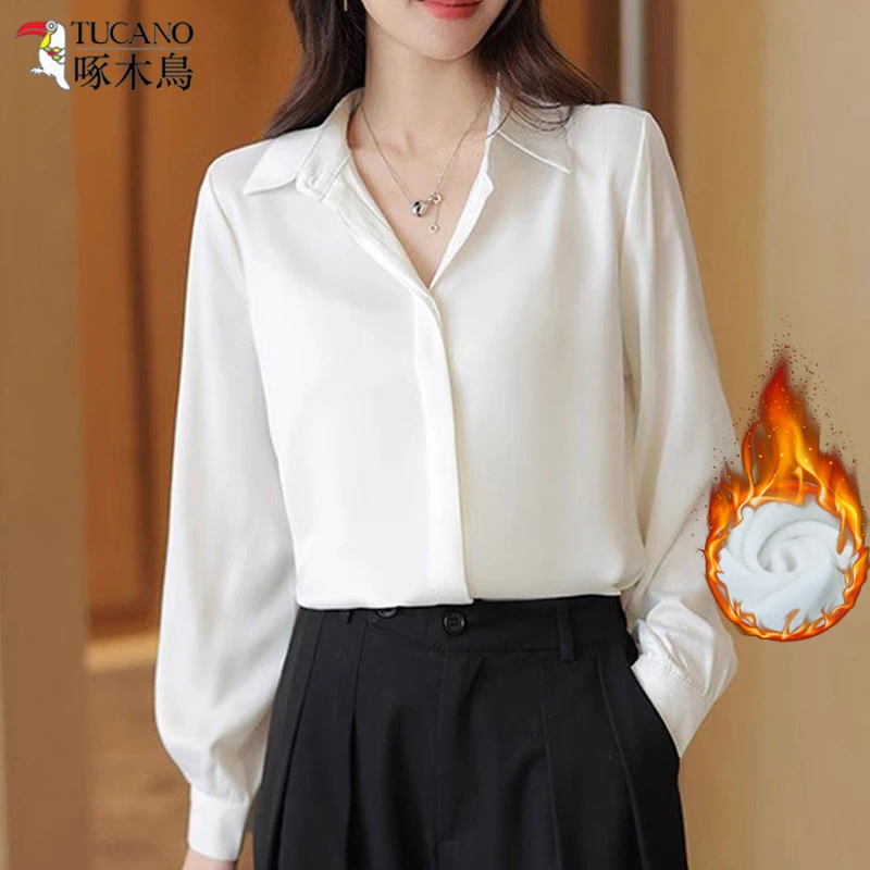 TUCANO/啄木鳥加绒白色衬衫长袖工作服职业衬衣打底衫女内搭上衣