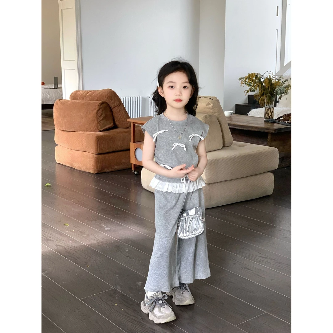 小粉象·夏季新款女童韩版蝴蝶结蕾丝花边无袖背心宽松阔腿裤套装