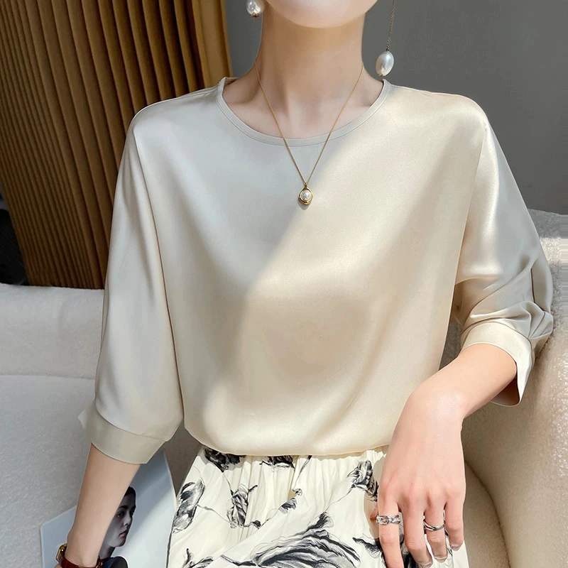 女圆领缎面T恤女五分袖口压衬夏半袖衬衣宽松打底上衣薄