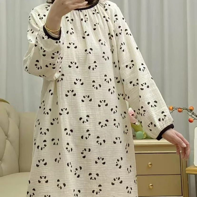 【田园风】新品全棉双层纱长袖印花裙皱皱纱超软棉纱睡衣家居裙子