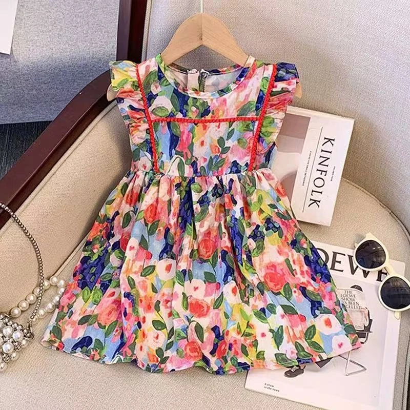 【莫奈油画风飞袖连衣裙】小女孩田园风油画感碎花飞袖棉布连衣裙