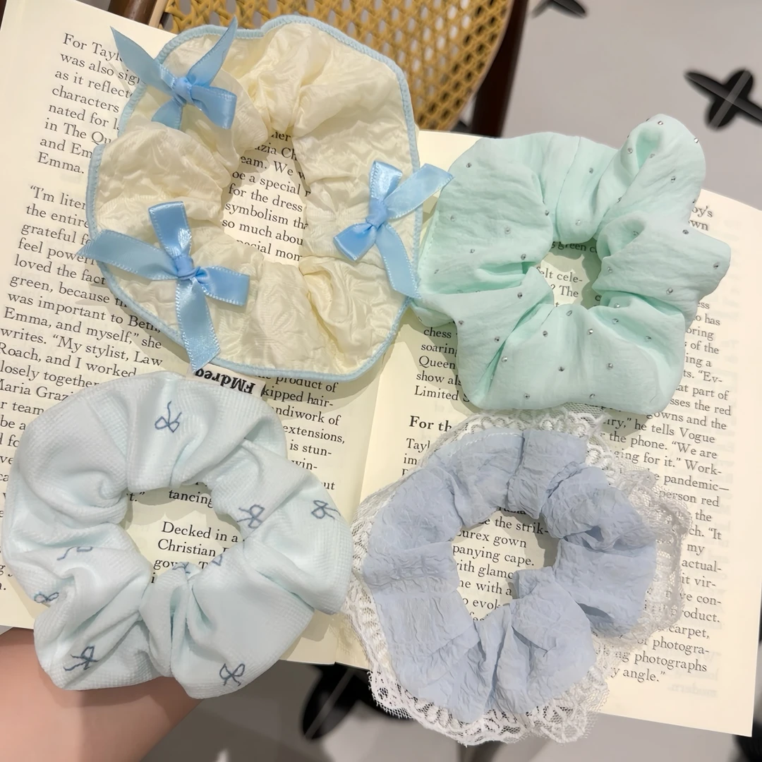 超仙少女百搭大肠发圈韩版甜美蓝色系蕾丝发圈蝴蝶结马尾扎头发饰