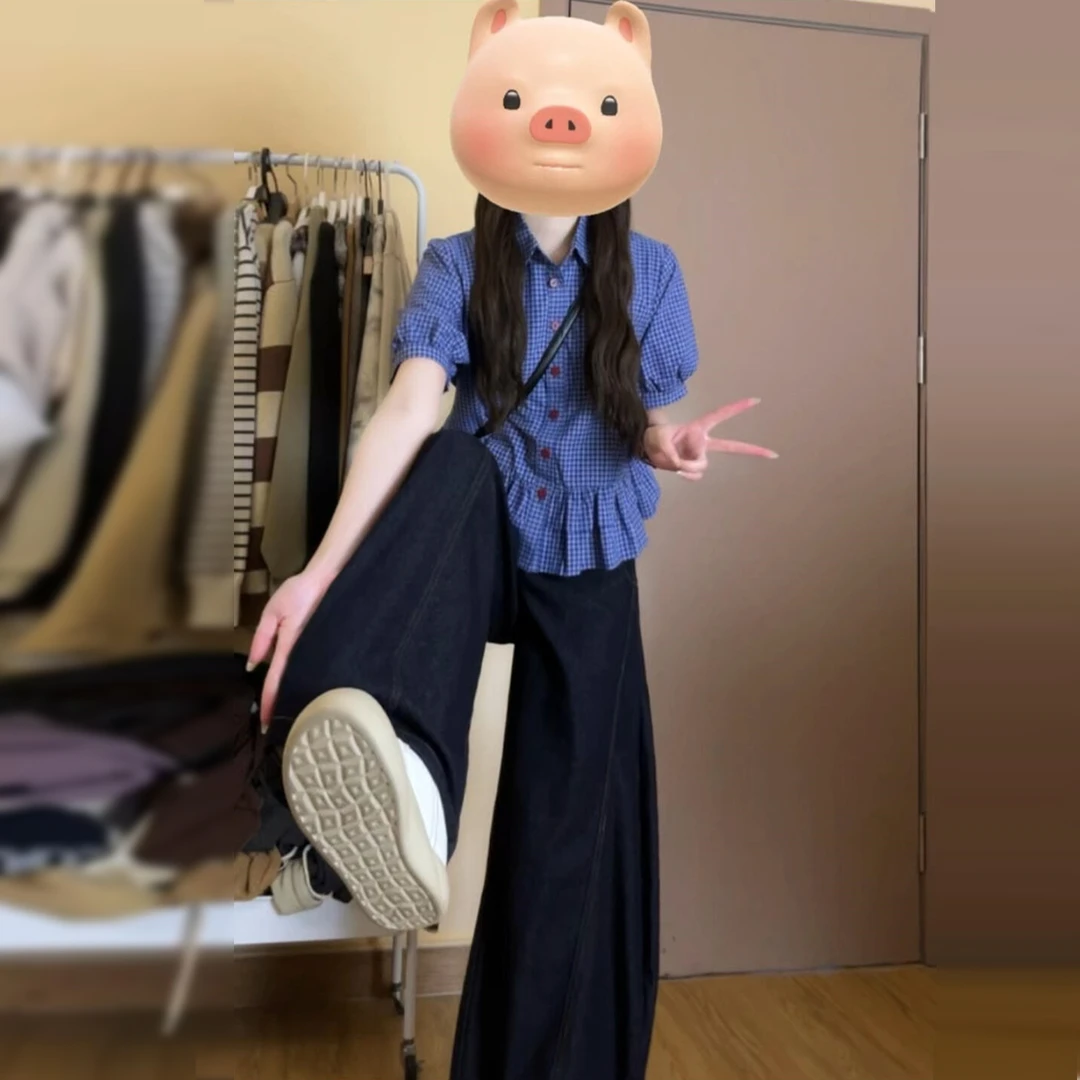 2025新款韩系穿搭蓝色格子短袖衬衫女夏季高级感法式荷叶边短上衣