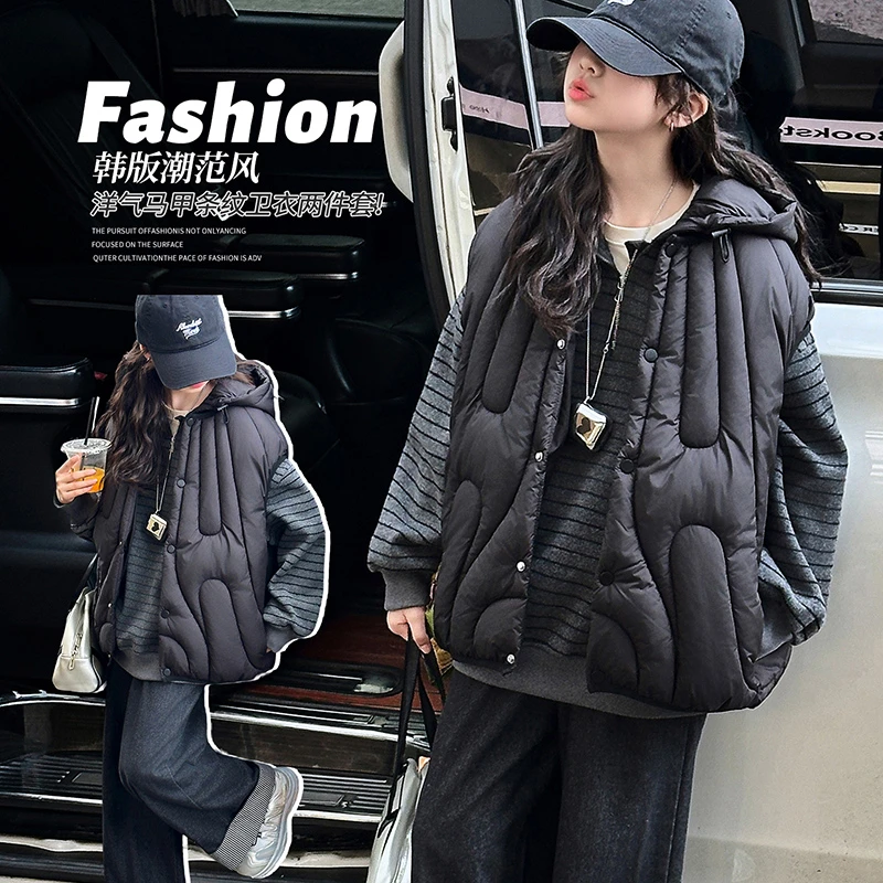 女童秋冬装新款条纹卫衣棉马甲两件套中大童儿童保暖加厚套装宽松