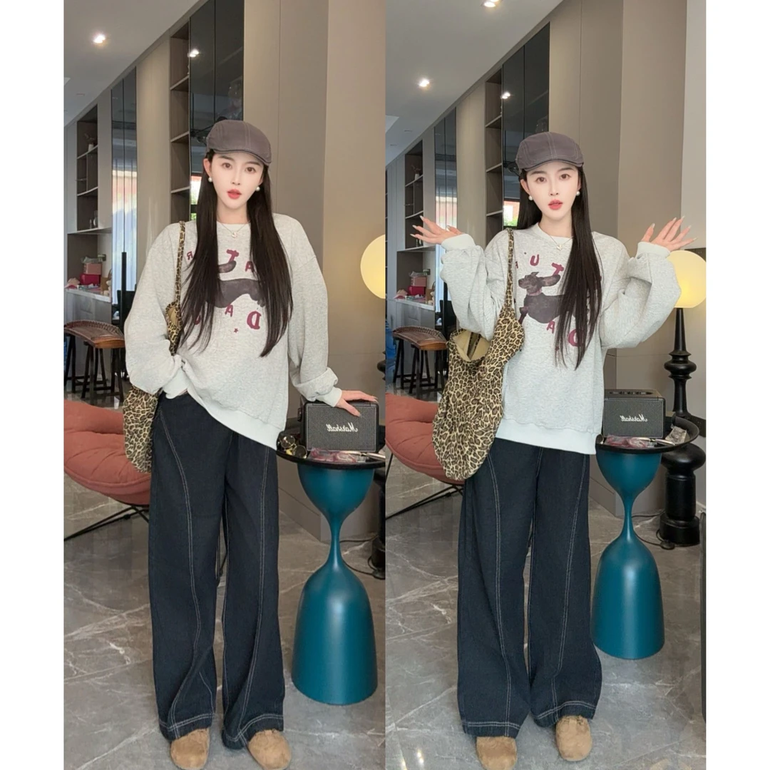 孕妇套装印花圆领长袖卫衣秋季新款爆款潮酷阔腿裤舒适洋气两件套