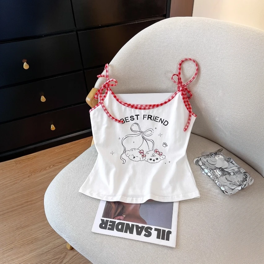 甜美新款夏美式复古卡通印花吊带女外穿修身短款辣妹上衣夏季新款