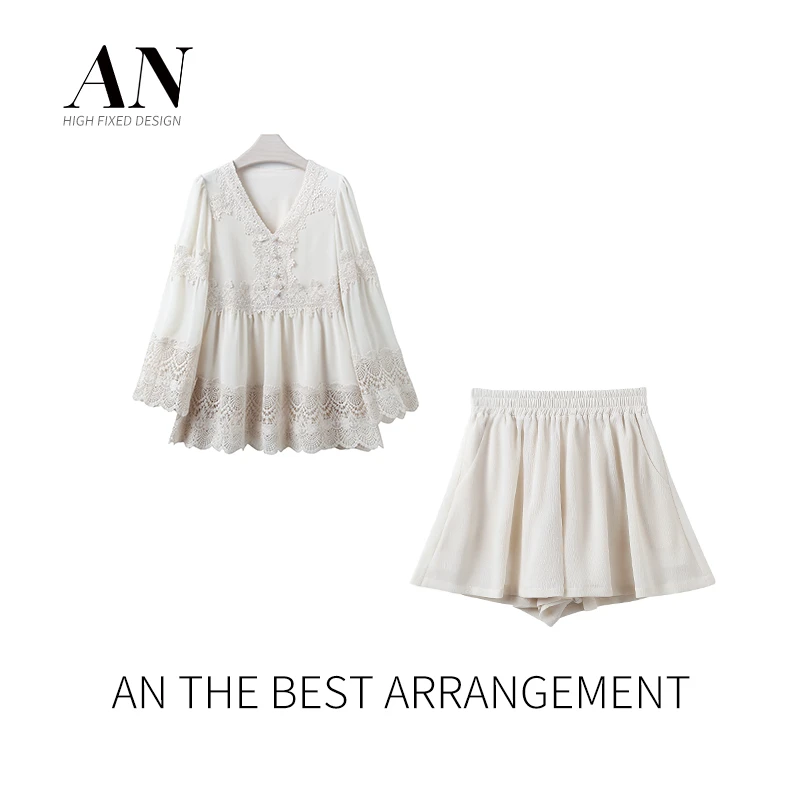 AN定制【婉双】古法蕾丝设计师款百搭显瘦古法蕾丝套装AT2307040